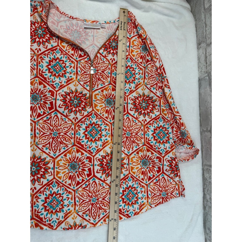 Belle By Kim Gravel TripleLuxe Knit Signature Zip Printed Top Pima Orange Large - Picture 8 of 11